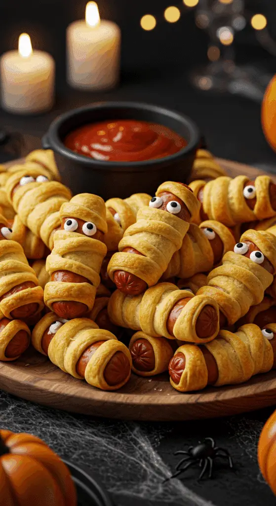 A beautiful, rustic platter of homemade, spooky, and golden-brown Hot Dog Mummies, with flaky crescent roll bandages and cute, cheesy eyes.