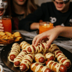A large platter of homemade, spooky "Hot Dog Mummies" being served at a fun and casual Halloween party.