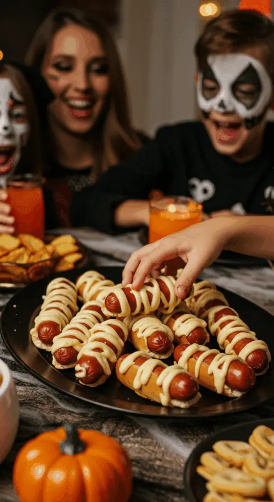 A large platter of homemade, spooky "Hot Dog Mummies" being served at a fun and casual Halloween party.