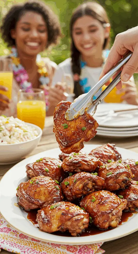 A large platter of homemade, sticky Huli Huli Chicken being served at a fun summer luau.