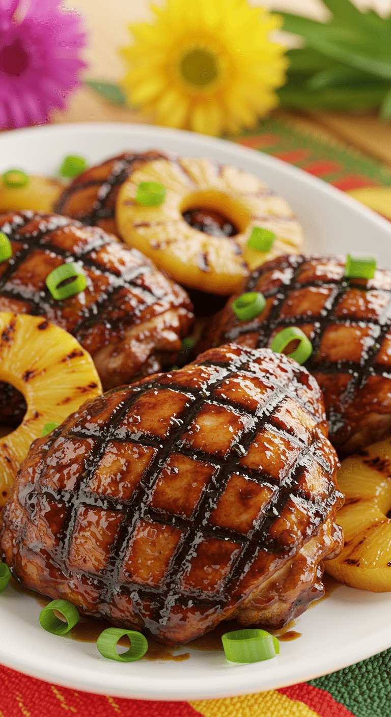 A beautiful, rustic platter of homemade, juicy, and glossy Hawaiian Huli Huli Chicken, garnished with grilled pineapple.