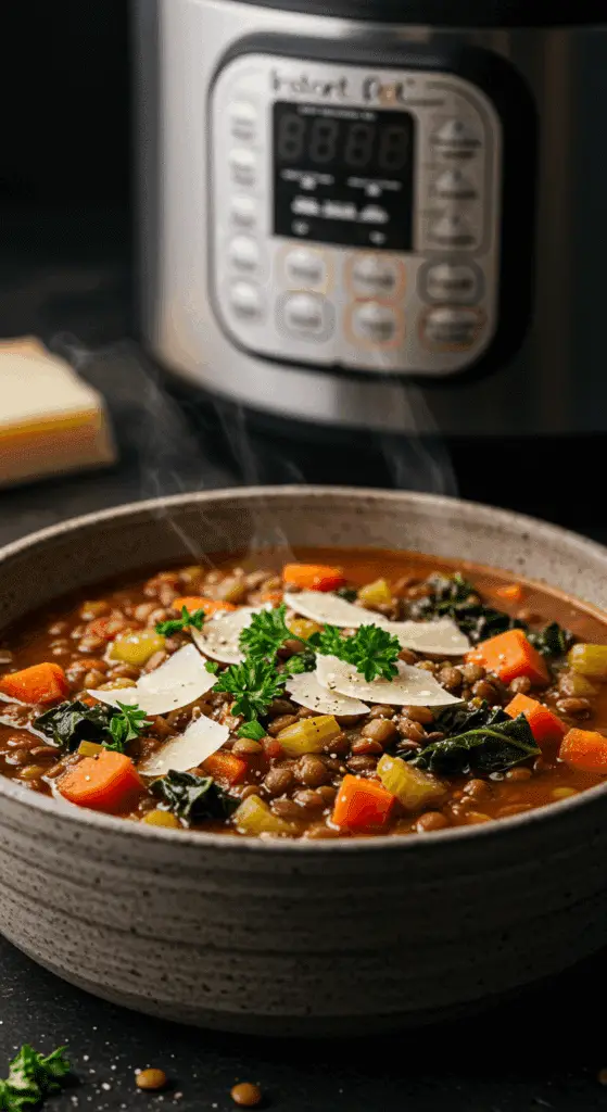 A beautiful, rustic bowl of homemade, hearty, and classic Instant Pot Lentil Soup, packed with vegetables, kale, and lentils.