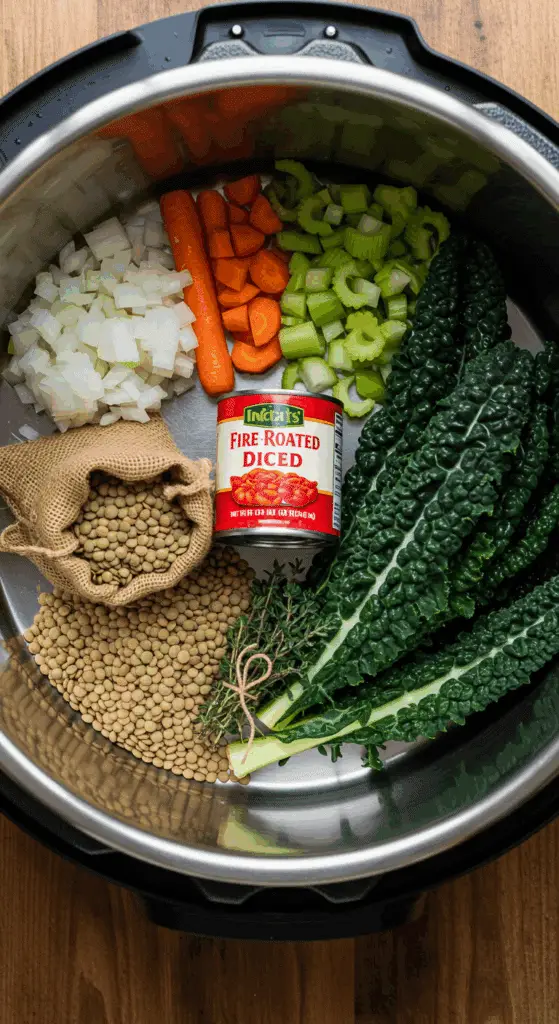 The fresh, from-scratch ingredients for the classic and hearty one-pot Instant Pot Lentil Soup recipe.