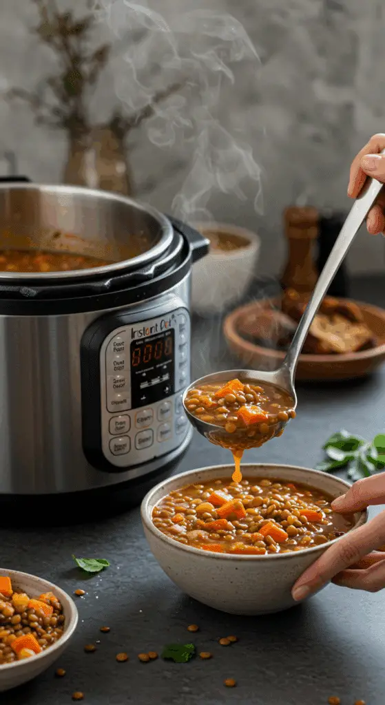 The finished pot of homemade, hearty Instant Pot Lentil Soup being served from the pot into a cozy bowl.