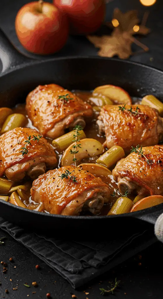 A beautiful, rustic cast-iron skillet of homemade, crispy Braised Chicken Thighs, simmering in a rich, glossy apple cider gravy with apples and leeks.