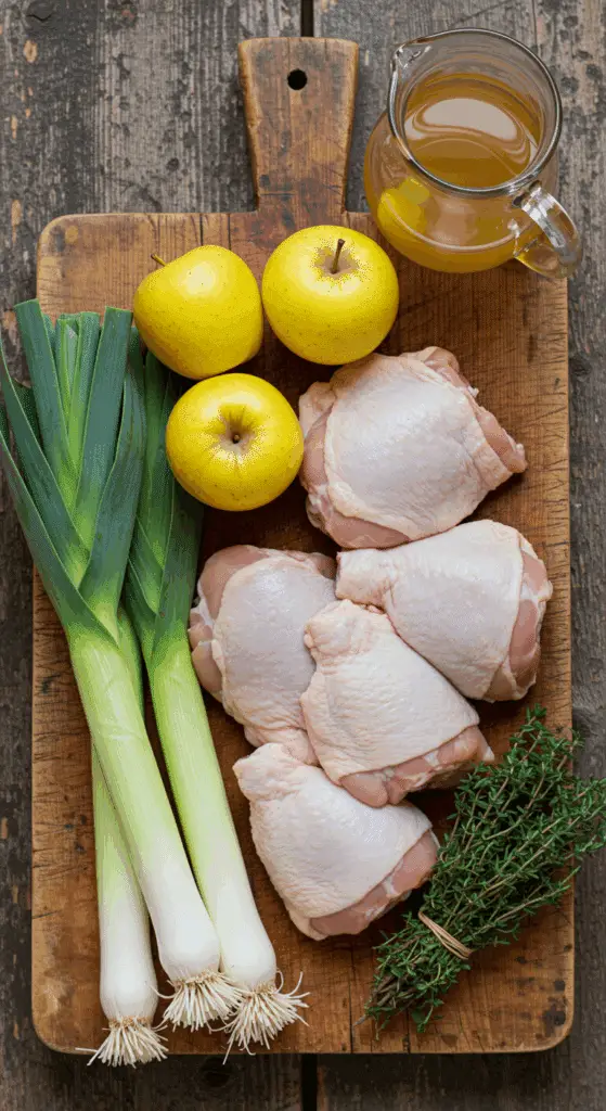 The fresh, from-scratch ingredients for the classic and cozy Apple Cider Braised Chicken Thighs recipe.