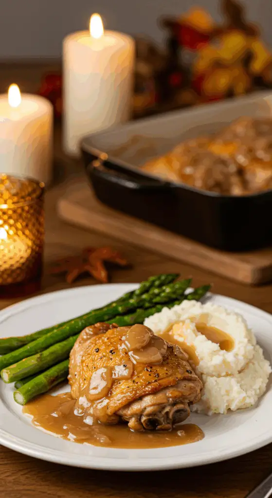 A classic dinner plate with a serving of homemade, crispy and saucy Braised Chicken, served with mashed potatoes and asparagus.