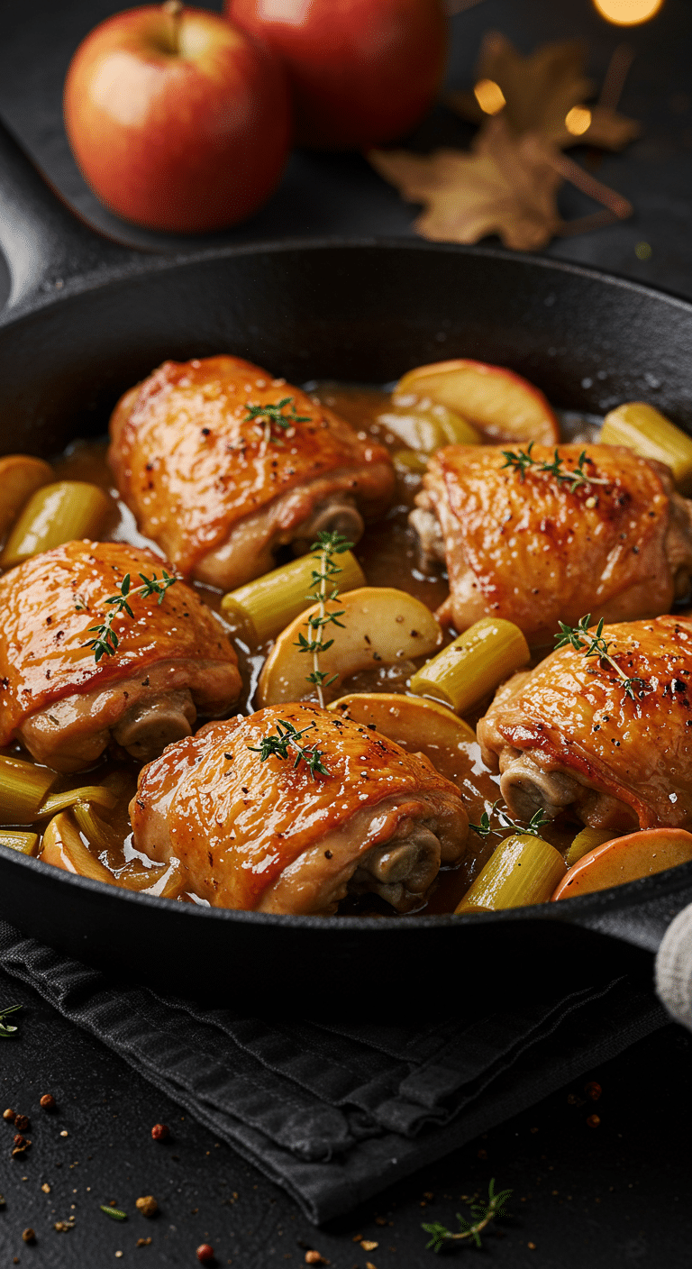 A beautiful, rustic cast-iron skillet of homemade, crispy Braised Chicken Thighs, simmering in a rich, glossy apple cider gravy with apples and leeks.