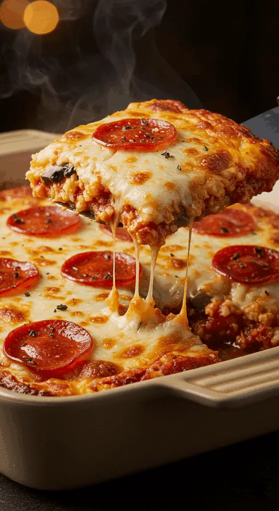 A beautiful, golden-brown homemade Keto Cauliflower Pizza Casserole in a baking dish with a cheesy, colorful, and hearty slice being lifted out.