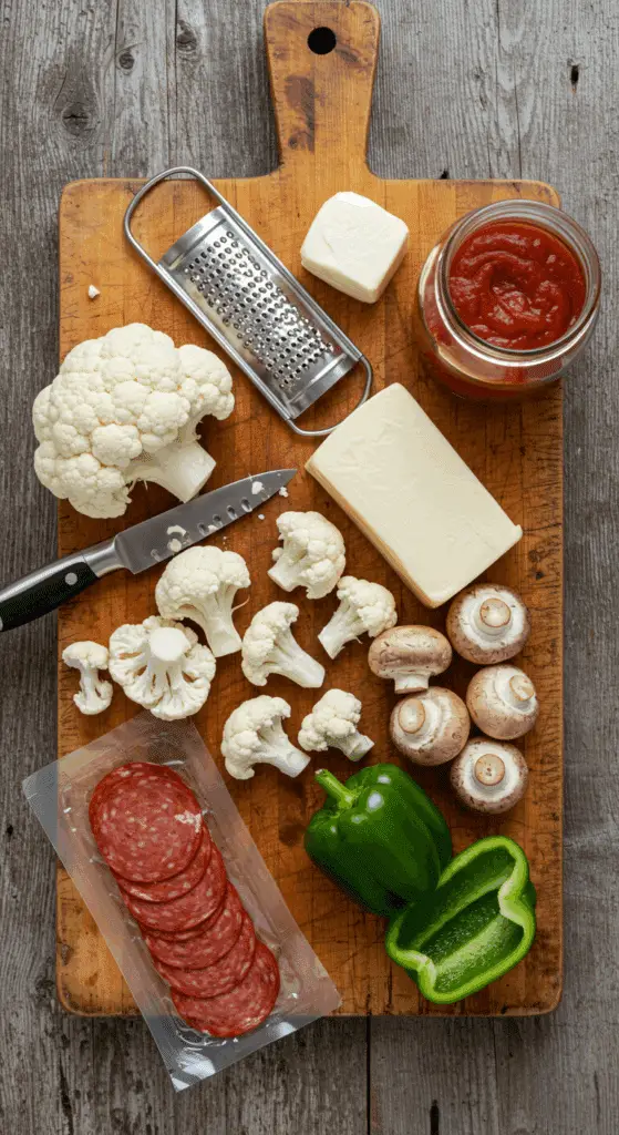 The simple, fresh ingredients for the easy and healthy Keto Cauliflower Pizza Casserole recipe.