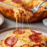 A beautiful serving of homemade, cheesy Keto Cauliflower Pizza Casserole being served for a family dinner.