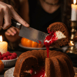 A hand using a large knife to cut the first slice of the spooky Eyeball Lava Cake, with the "bloody" red lava gushing out, at a fun Halloween party.