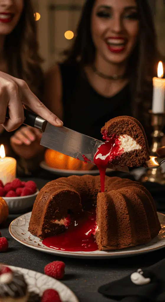 A hand using a large knife to cut the first slice of the spooky Eyeball Lava Cake, with the "bloody" red lava gushing out, at a fun Halloween party.