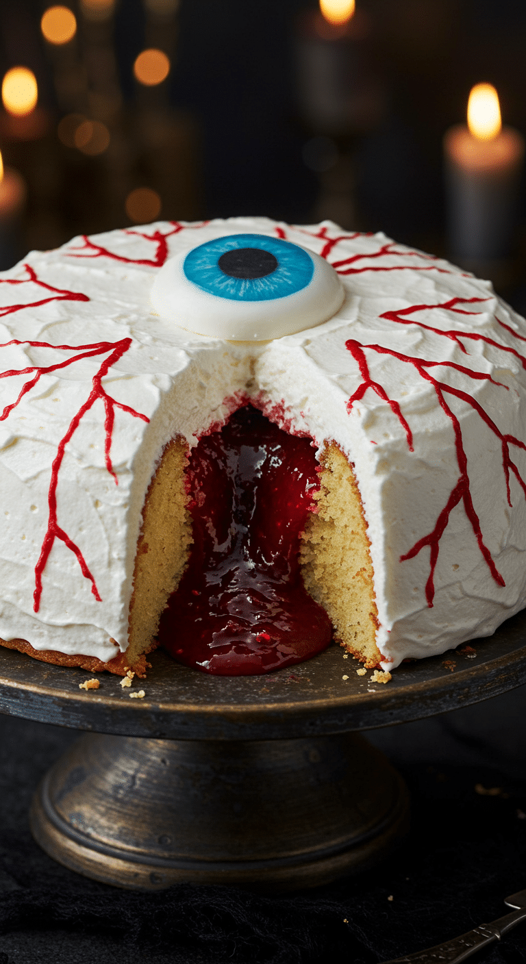 A beautiful, homemade, spooky Eyeball Lava Cake, with a "bloody" red raspberry jam gushing out from the center of a sliced, white-frosted bundt cake.