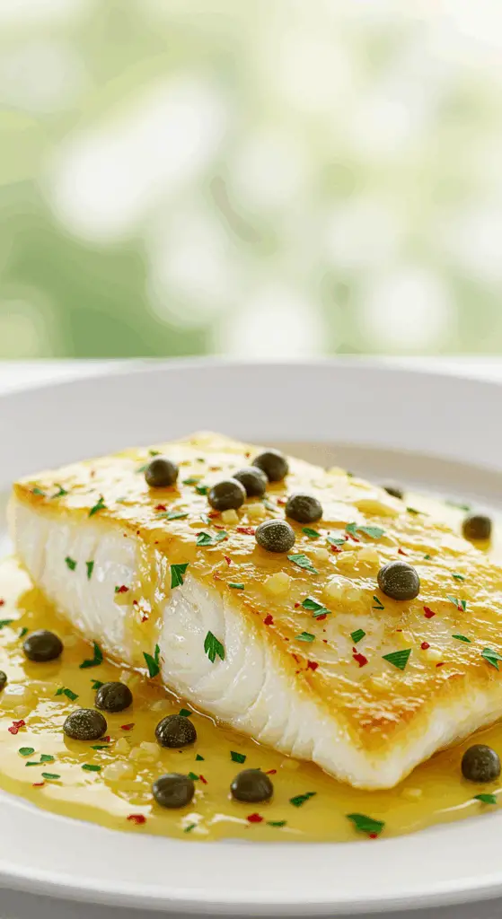 A beautiful, plated serving of homemade, perfectly Baked Tilapia, drizzled with a vibrant, fresh lemon-garlic butter sauce with capers.