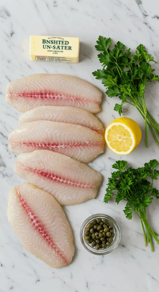 The simple, fresh ingredients for the healthy, from-scratch Baked Tilapia with a lemon-garlic butter sauce.