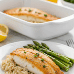 A healthy dinner plate with a serving of homemade, Baked Tilapia with lemon-garlic butter, served with rice and asparagus.