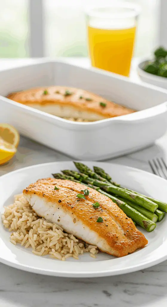 A healthy dinner plate with a serving of homemade, Baked Tilapia with lemon-garlic butter, served with rice and asparagus.