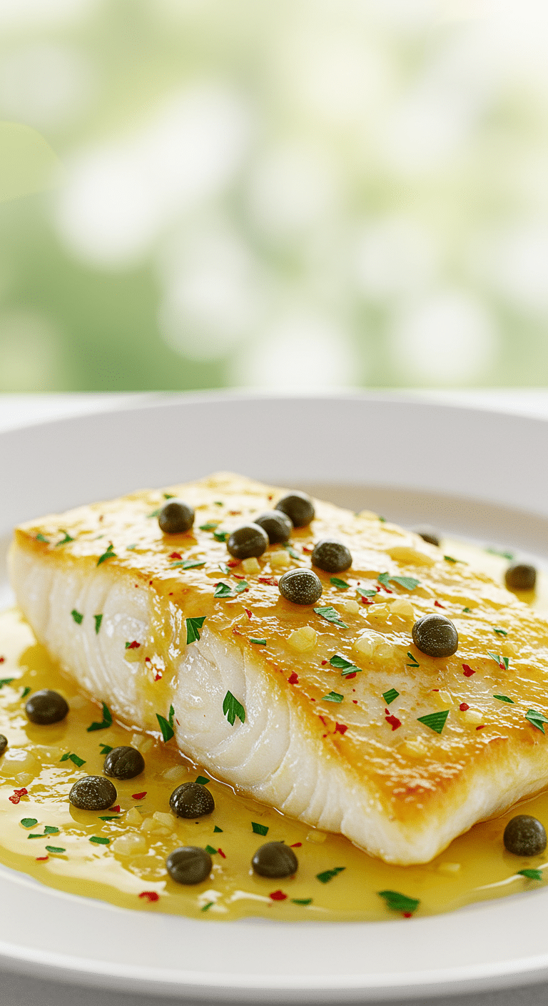 A beautiful, plated serving of homemade, perfectly Baked Tilapia, drizzled with a vibrant, fresh lemon-garlic butter sauce with capers.