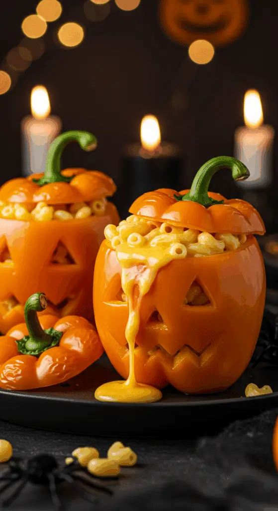 A beautiful, rustic serving dish of homemade, spooky "Mac-O'-Lanterns," with creamy mac and cheese oozing out of their carved jack-o'-lantern faces.