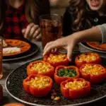 A child's hand excitedly reaching to take a funny and spooky homemade "Mac-O'-Lantern" from a platter at a fun family Halloween dinner.