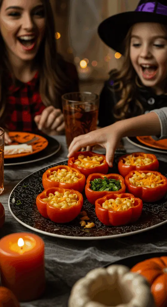 A child's hand excitedly reaching to take a funny and spooky homemade "Mac-O'-Lantern" from a platter at a fun family Halloween dinner.
