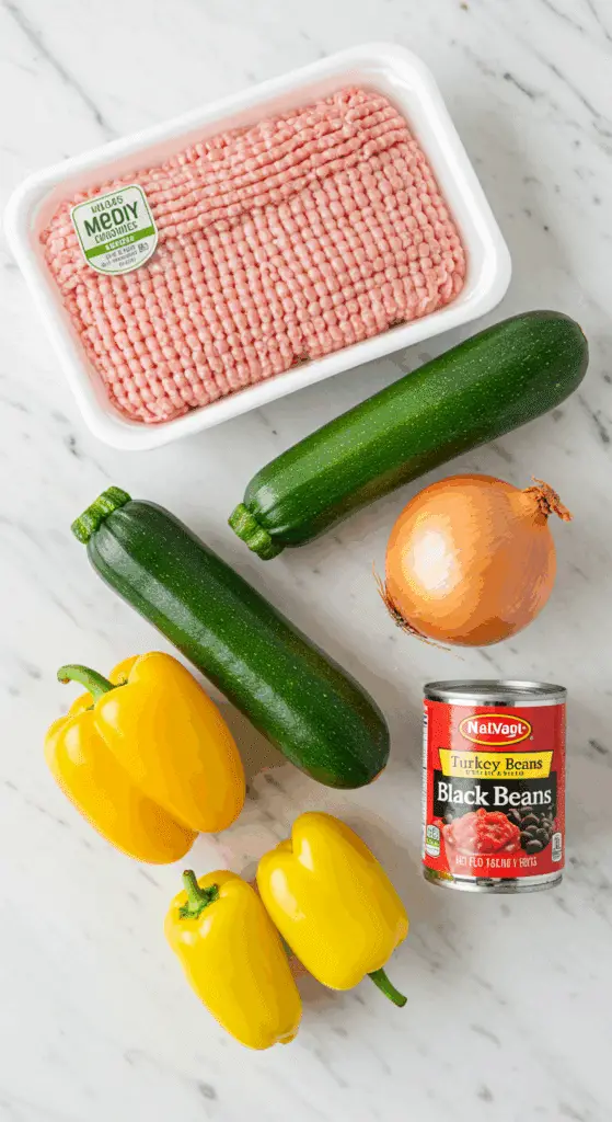 The simple, fresh ingredients for the healthy, from-scratch Mediterranean Turkey Skillet recipe.