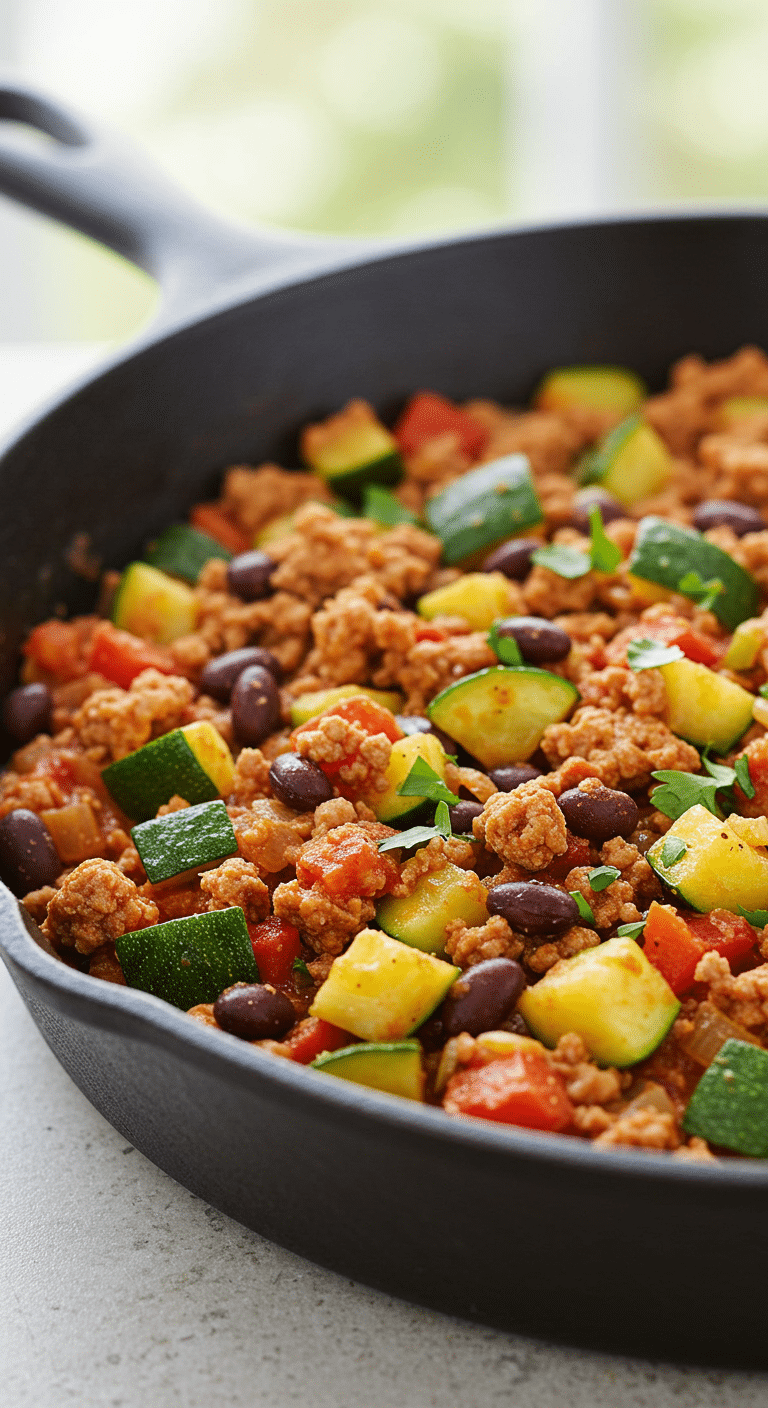 A beautiful, rustic cast-iron skillet of homemade, healthy Mediterranean Ground Turkey with zucchini, peppers, and black beans.