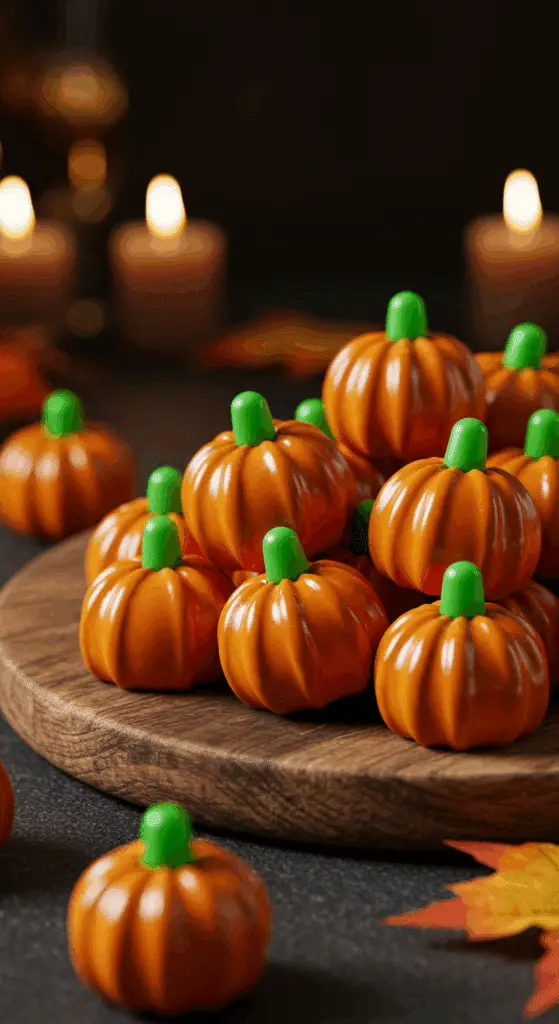 A beautiful, rustic platter of homemade, cute, and sweet-and-salty Mini Pretzel Pumpkins, with a bright orange candy coating and a green candy stem.