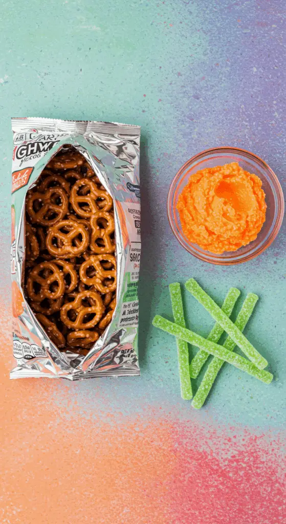 The simple, 3-ingredient, from-scratch ingredients for the easy and fun Mini Pretzel Pumpkins recipe.
