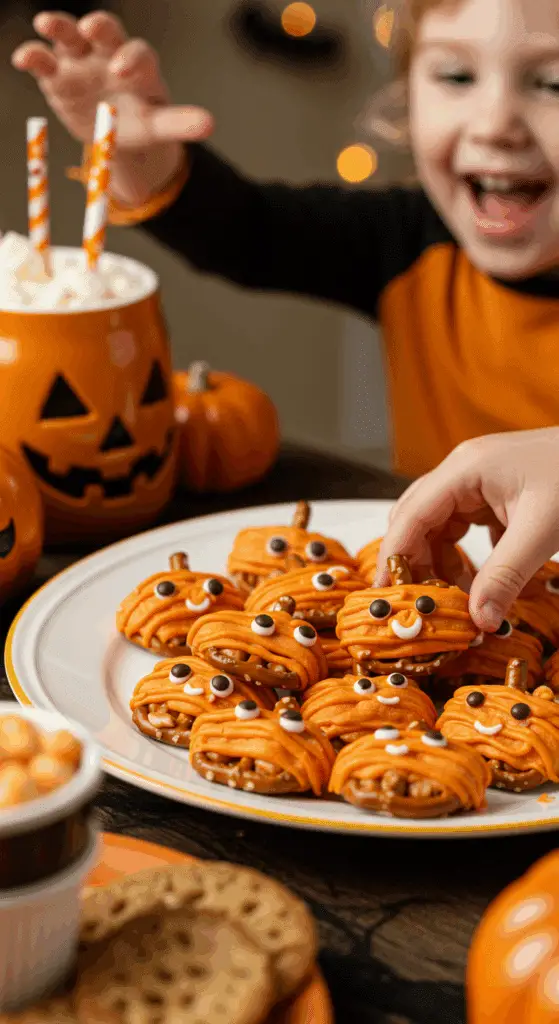 A large platter of homemade, cute, and colorful Mini Pretzel Pumpkins being served at a fun and casual Halloween party.
