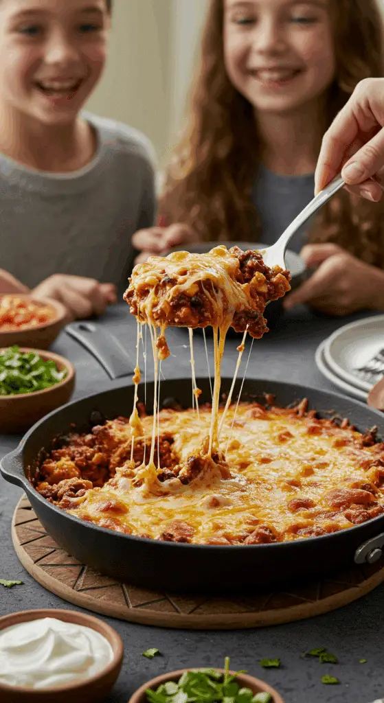 The finished skillet of homemade, cheesy Taco Skillet being served at a fun and casual family dinner.