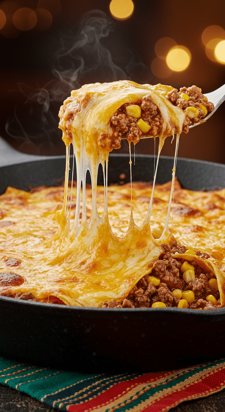 A beautiful, rustic cast-iron skillet of homemade, cheesy One-Pan Taco Skillet, with a spoon lifting a scoop to show a long, gooey cheese pull.