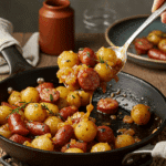 The finished skillet of homemade Kielbasa and Potato Skillet being served at a cozy family dinner.