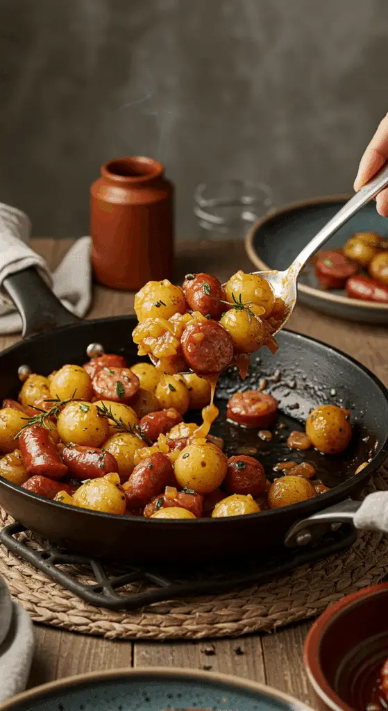 The finished skillet of homemade Kielbasa and Potato Skillet being served at a cozy family dinner.