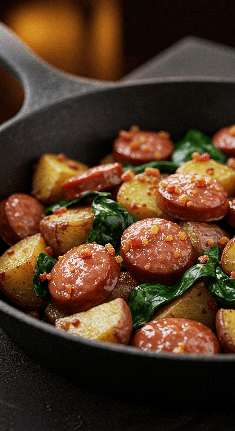 A beautiful, rustic cast-iron skillet of homemade, saucy Kielbasa and Potato Skillet with a glossy brown sugar glaze.
