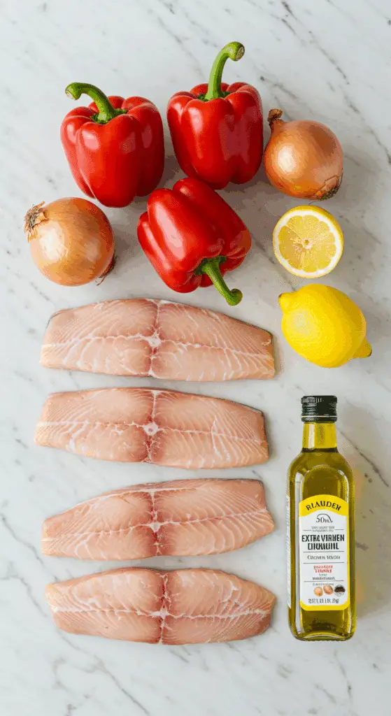 The simple, fresh ingredients for the healthy, from-scratch Pan-Seared Mahi Mahi and Veggie Skillet.
