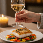 An elegant plate of homemade, Pan-Seared Mahi Mahi with vegetables being served at a sophisticated dinner party.