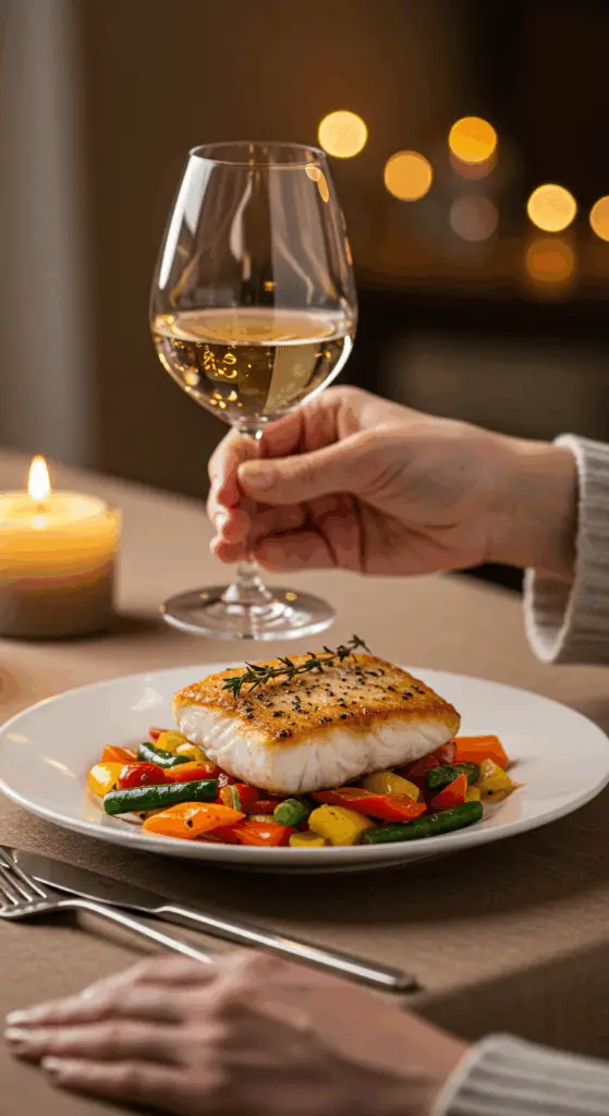 An elegant plate of homemade, Pan-Seared Mahi Mahi with vegetables being served at a sophisticated dinner party.