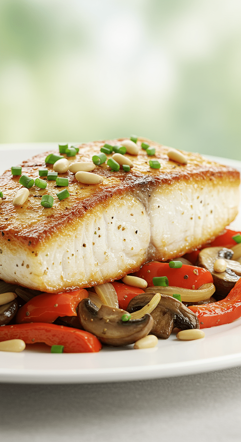 A beautiful, plated serving of homemade, golden-brown Pan-Seared Mahi Mahi, served over a bed of colorful sautéed vegetables.
