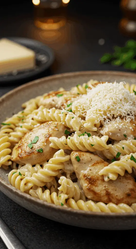 A beautiful, rustic bowl of homemade, creamy Garlic Parmesan Chicken Pasta, with a luscious cream sauce, tender chicken, and fresh parsley.