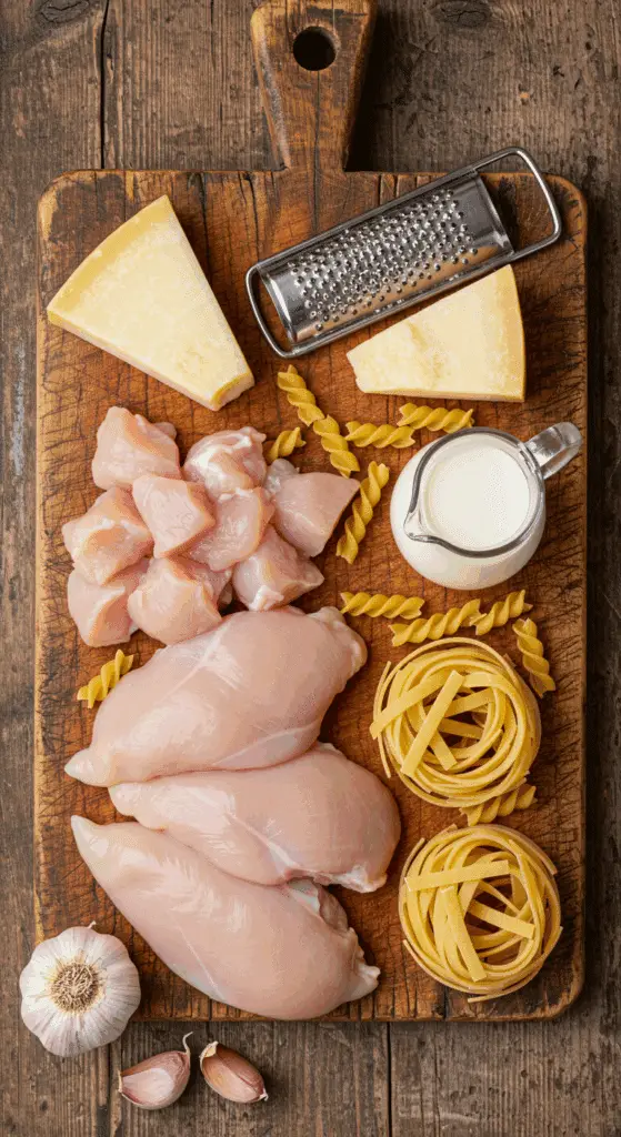 The simple, fresh ingredients for the classic and creamy Garlic Parmesan Chicken Pasta recipe.