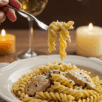 An elegant plate of homemade, creamy Garlic Parmesan Chicken Pasta being enjoyed for a sophisticated and romantic, candlelit dinner.