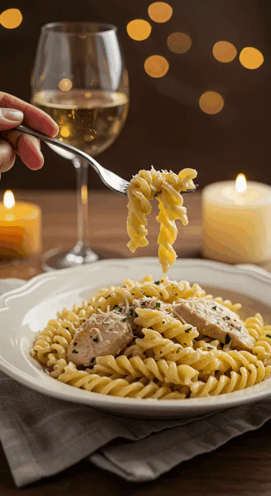 An elegant plate of homemade, creamy Garlic Parmesan Chicken Pasta being enjoyed for a sophisticated and romantic, candlelit dinner.
