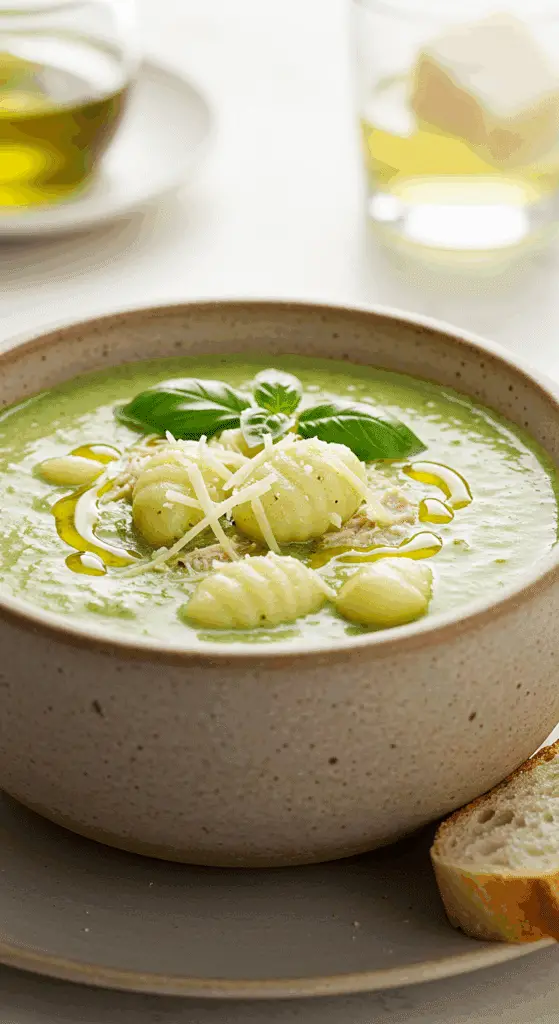 A beautiful, rustic bowl of homemade, creamy Pesto Chicken Gnocchi Soup, with a pale green broth, pillowy gnocchi, and tender chicken.