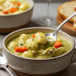A cozy bowl of homemade, creamy Pesto Chicken Gnocchi Soup being served for a casual family dinner.