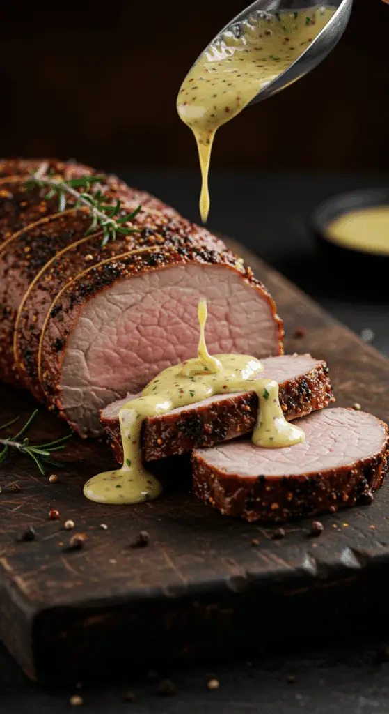 A beautiful, juicy, and perfectly cooked Pork Tenderloin, sliced into medallions and being drizzled with a creamy mustard sauce.