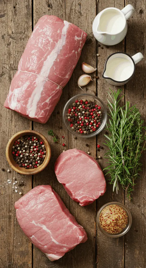 The fresh, from-scratch ingredients for the classic and elegant Roasted Pork Tenderloin with a creamy mustard sauce.