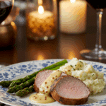 A beautiful plate of homemade, sliced Pork Tenderloin with a creamy mustard sauce, served with roasted asparagus for an elegant meal.