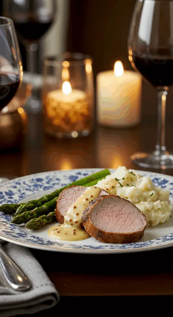 A beautiful plate of homemade, sliced Pork Tenderloin with a creamy mustard sauce, served with roasted asparagus for an elegant meal.